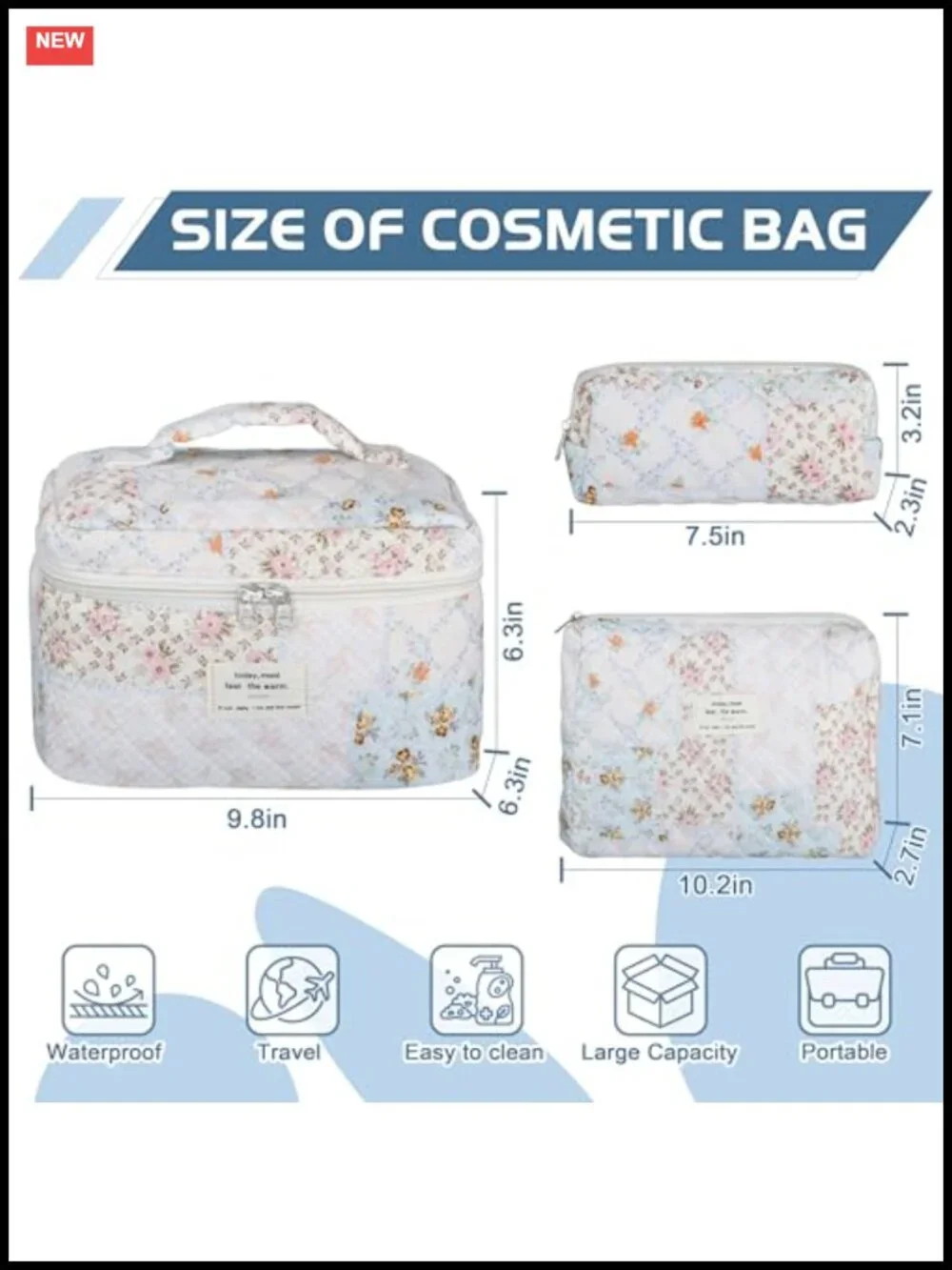 Quilted Floral Cotton Makeup Bag Set - 3 Piece Travel Cosmetic Organizer